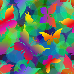 Fototapeta na wymiar Seamless Pattern, Exotic Butterflies Colorful Silhouettes on Abstract Tile Background with Circles. Vector