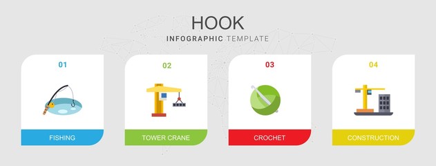 4 hook flat icons set isolated on infographic template. Icons set with Fishing, tower crane, crochet, Construction icons.