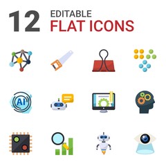 12 background flat icons set isolated on white background. Icons set with Neural network, Hand saw, Binder clip, AI Pattern, Chat Bot, Clustering, AI Decision, Semantic Analysis icons.