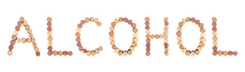 The word ALCOHOL is made from wine corks. Isolated on white background
