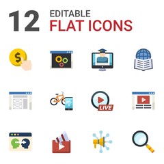 12 website flat icons set isolated on white background. Icons set with Cost per click, back end, eCommerce Strategy, wireframe, Smart bike, Affiliate Marketing, Information Architecture icons.