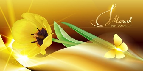 Tulip yellow and butterfly. Gold decorative card, banner, background for the holidays: March 8, women's day, Poster for spring, Valentine's Day, birthday, wedding