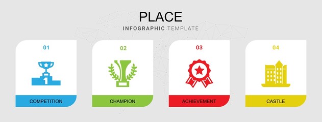 Naklejka premium 4 place filled icons set isolated on infographic template. Icons set with competition, champion, achievement, castle icons.