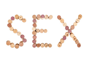 The word SEX is made from wine corks. Isolated on white background