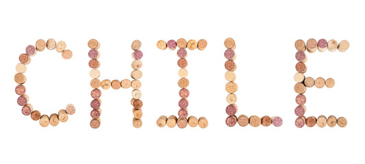 The word CHILE is made from wine corks. Isolated on white background