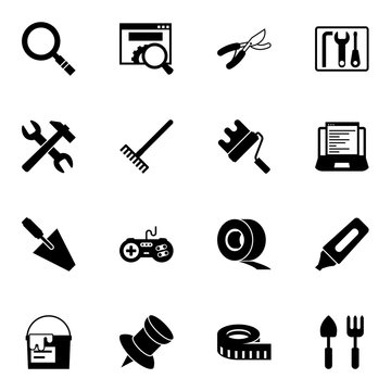 16 tool filled icons set isolated on white background. Icons set with Magnifier, website optimization, Garden pruner, tools, Rake, paint roller, trowel, joystick, repair kit icons.