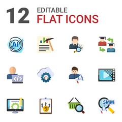 12 data flat icons set isolated on white background. Icons set with AI Pattern, Data mining, tax consultant, Developer, cloud computing, Web Infrastructure, Content management icons.
