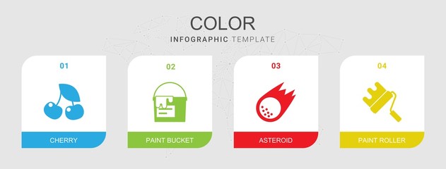 4 color filled icons set isolated on infographic template. Icons set with cherry, paint bucket, asteroid, paint roller icons.