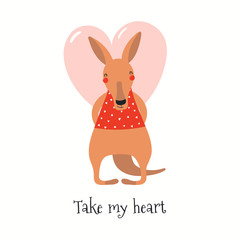 Hand drawn Valentines day card with cute kangaroo with heart, quote Take my heart. Vector illustration. Isolated on white background. Scandinavian style flat design. Concept for children print, invite