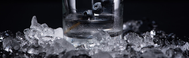 transparent glass with vodka and blueberries near smashed ice isolated on black, panoramic shot - obrazy, fototapety, plakaty
