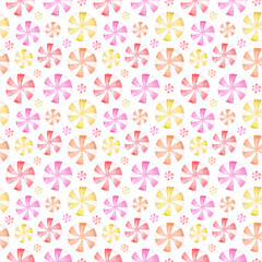 Polka dot seamless watercolor pattern. Striped sweet pink and yellow peppermint candies on white background for cute holiday design, textile, wrapping paper, greeting card, package, scrapbooking