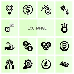 14 exchange filled icons set isolated on white background. Icons set with Initial Coin Offering, Dividends, crypto-exchange, Fork, fintech innovation, Net Income, Mining icons.