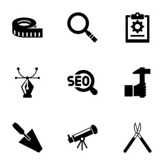 9 instrument filled icons set isolated on white background. Icons set with measuring, Magnifier, project, Vector, SEO, Handicraft, trowel, Astronomy, Gardening scissors icons.