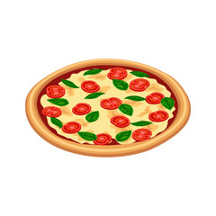 Tasty pizza margherita with tomato, cheese, basil isometric view isolated on white background. 3d flat traditional italian fast food icon. Vector illustration for web, advert, menu