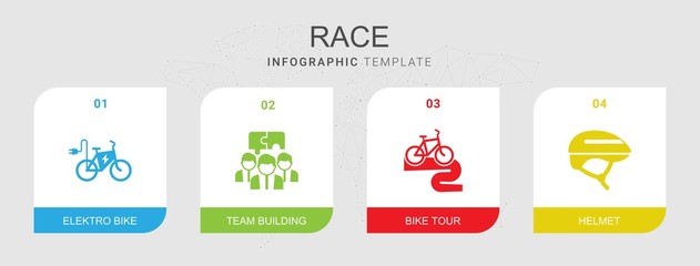 4 race filled icons set isolated on infographic template. Icons set with elektro bike, Team building, Bike tour, Helmet icons.