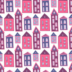 Fototapeta na wymiar Houses seamless pattern. Sweet pink girlish background. Kids texture.