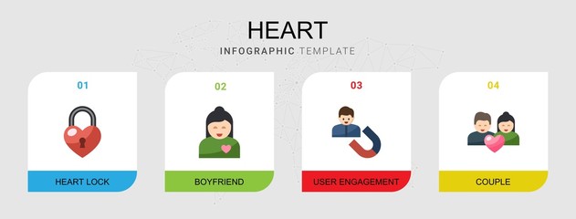 4 heart flat icons set isolated on infographic template. Icons set with heart lock, boyfriend, User Engagement, couple icons.