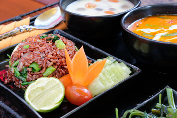 fried rice with vegetable. red spicy curry ฿ Thai coconut soup. vegetarian food