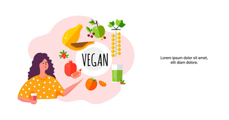 Template design card with different fruits and cute character. Vegan diet banner. Woman and white currant, smoothie, persimmon, cranberry, papaya, cherry, apple.