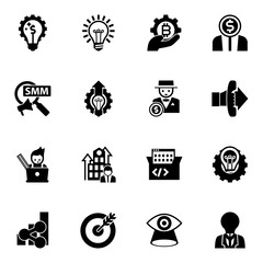 Obraz premium 16 idea filled icons set isolated on white background. Icons set with Marketing solutions, Idea, fintech industry, Social Marketing, Innovation business, rich man, graphic designer icons.