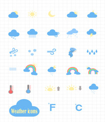 Obraz premium Big vector set of weather forecast flat icons. Web icons for the application - weather forecast. Weather icons