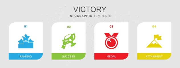 4 victory filled icons set isolated on infographic template. Icons set with Ranking, success, medal, attainment icons.