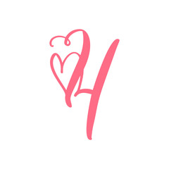 Vector Vintage floral monogram Number four 4. Calligraphy element heart logo Valentine card flourish frame. Hand drawn Love sign for page decoration and design illustration