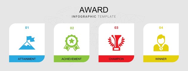 4 award filled icons set isolated on infographic template. Icons set with attainment, achievement, champion, winner icons.