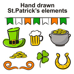 Hand-drawn elements for St. Patrick's Day. Leprechaun hat, pot of gold, horseshoe, clover, treasures, red mustache, beer, flags in Irish colors. Illustration for cards, posters and banners.