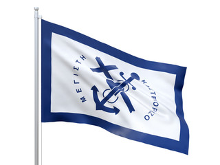 Kastellorizo (Municipality Greece) flag waving on white background, close up, isolated. 3D render