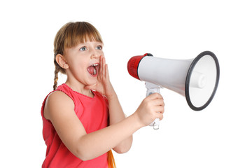 Cute little girl with megaphone on white background