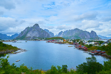 beautiful fjord view and town, reine  in lofoten island, norway