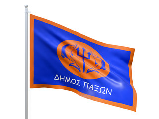 Paxi (Municipality Greece) flag waving on white background, close up, isolated. 3D render