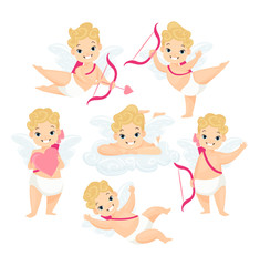 Obraz na płótnie Canvas Cute baby cupids flat vector illustrations set. Amurs cartoon characters with wings and love arrows isolated on white background collection. Valentines Day decoration design elements.
