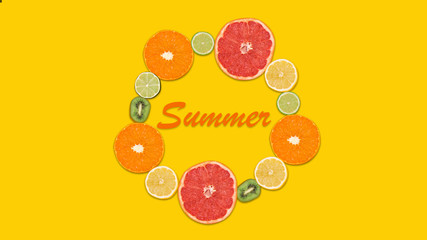 Yellow. Bright spring, summer illustration, summer vibes. Modern design with copyspace for ad, flyer. Wallpaper or background for your device. Summertime, holidays, vacation, greeting concept.