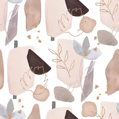  Abstracte Noordse print met geometrische, gouden vormen, bloemen en bladeren op een witte achtergrond. Aquarel naadloze patroon. Hand getekende marmeren illustratie. Gemengde media kunst © natikka