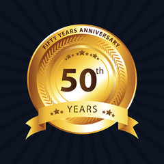 50th years golden anniversary logo celebration with ring and ribbon