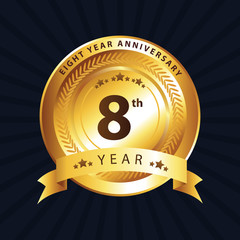Eight Year Anniversary  logo with gold ring and golden ribbon, vector design