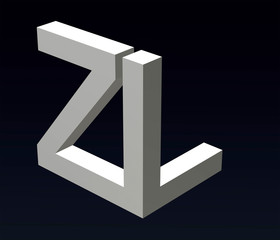 Font stylization of the letters Z and A, B, C, D, E, F, G, H, J, K, L, M, N, O, P, Q, R, S, X, Y, Z, font composition of the logo. 3D rendering.
