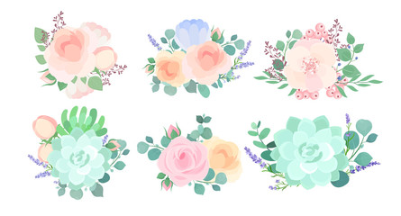 Flowers composition colorful flat vector illustrations set. Wedding and prom boutonniere, bouquets isolated on white background. Floral, floristic design elements collection top view. © Natalia