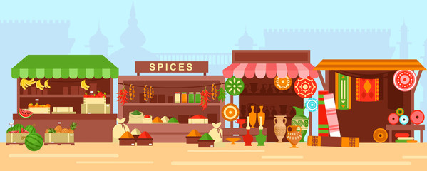 Eastern bazaar, street market flat vector illustration. Empty arabic marketplace panorama with stalls and no people. Fresh fruits, spices, ceramics and rugs sale stands with no merchants.