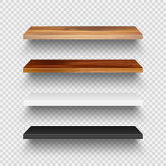 Realistic empty wooden store shelves set. Product shelf with wood texture. Grocery wall rack. Vector illustration.