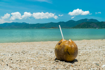 Brown coconut with drinking straw on sand on beach in tropics