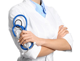 Female cardiologist on white background