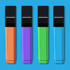 vector illustration of four rectangular markers of orange, violet, green and blue color with black caps with a black stroke on a blue background located in parallel closeup