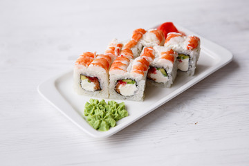 Close-up of shrimp rolls with cream cheese. menu on a white background.