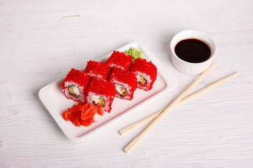 rolls, Tobiko, traditional Japanese cuisine. Menu on a light background.