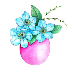 Beautiful watercolor drawing of Easter pink egg with blue flowers, green leaves and young spring twigs.Isolated on a white background.