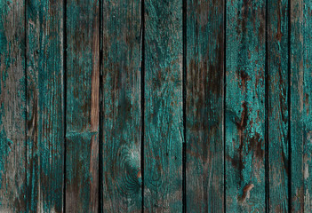 turquoise wall of old boards with peeling paint
