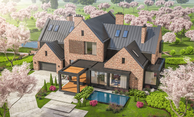 3d rendering of modern cozy clinker house on the ponds with garage and pool for sale or rent. Fresh spring day with a blooming trees with flowers of sakura on background.